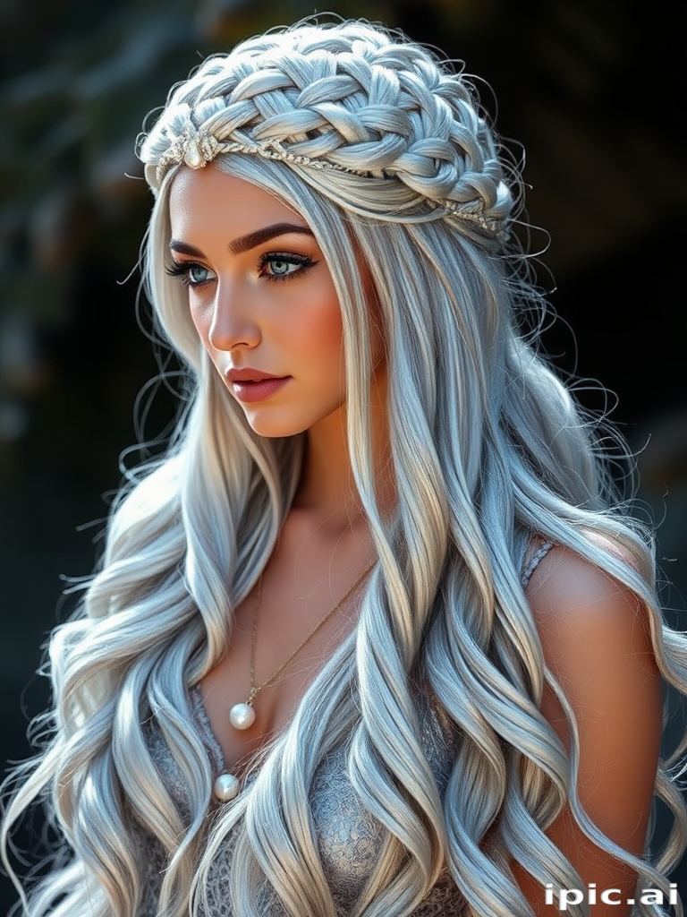 Striking silver-platinum mermaid waves cascade down to the waist, shimmering with an ethereal glow that catches the light like moonbeams on water, showcasing the "Lunar Cascade" style with its intricate braided crown and delicate pearl accents woven throughout the flowing tresses, creating a mesmerizing and otherworldly appearance that captivates onlookers and exudes an air of mystical elegance
