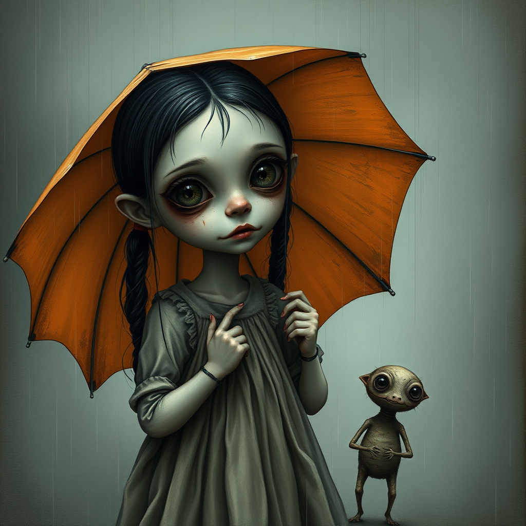 An eerie, weird little girl with dark hair in thin pigtails, wearing a smock dress, standing in the rain, holding a dirty orange umbrella, a small, odd creature beside her. In a surreal style inspired by Nicoletta Ceccoli and Brian Froud. Dark fantasy themes