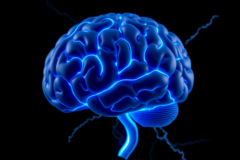 highly detailed 3D render of a human brain illuminated with electric blue lightning bolts against a black background, shot with a Canon EOS R5, f/2.8 aperture, 1/125 sec shutter speed, ISO 100, macro lens for close-up detail.