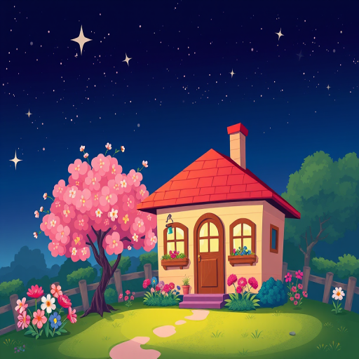 Create a vibrant illustration of a cozy cartoon-style house with a red roof next to a blooming pink tree and colorful flowers, under a starry night sky, using a DSLR camera with a 50mm lens, aperture f/2.8, ISO 100, high dynamic range, and a slightly tilted perspective for depth.