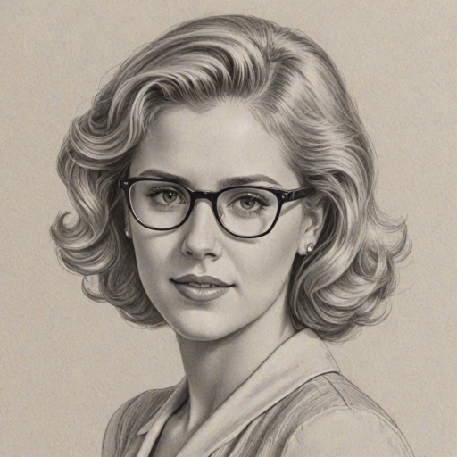 Ravishing Caroline Sunshine, pencil sketch, portrait of Dazzling woman 1937s in glasses, hair style beatnik, outline, clear lines, fine lines, 8k