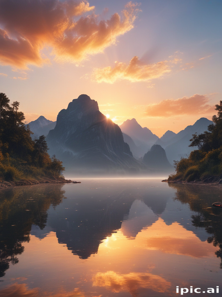Serene Mountain Landscape at Sunrise with Reflective Lake and Vibrant Skies