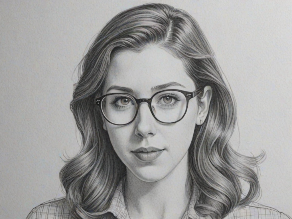 Attractive Eden Sher, pencil sketch, portrait of Appealing woman 1949s in glasses, hair style beatnik, outline, clear lines, fine lines, 8k