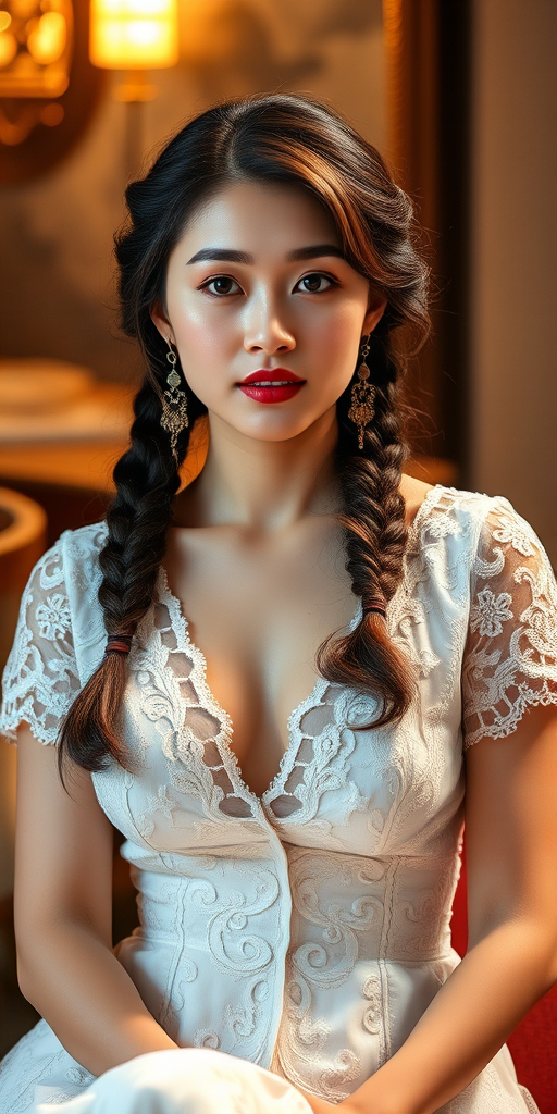 Create a portrait of a refined and elegant Chinese woman seated in a sophisticated setting. She has long, wavy hair styled in two thick braids that are pulled over her shoulders. She wears a white, lace gown with intricate patterns, featuring a deep V-neckline and short sleeves. The dress exudes a vintage charm with its delicate lacework. She is adorned with ornate, dangling earrings that add a touch of glamour to her appearance. The background is softly lit, with warm, ambient lighting that creates a cozy and inviting atmosphere. Her expression is poised and serene, capturing a sense of grace and elegance.