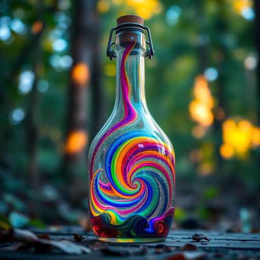 Create a vibrant glass potion bottle with swirling rainbow colors, magic energy inside, surrounded by a lush forest, soft warm lighting, f/2.8 aperture, 50mm lens, shot at golden hour with a shallow depth of field to enhance the details of the bottle and background bokeh.