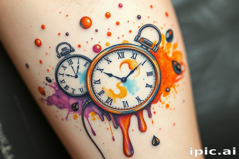 Surrealist watercolor tattoo named "Fluid Imagination" depicting melting clocks and floating objects in a dreamlike landscape with vibrant splashes of orange, purple, and blue
