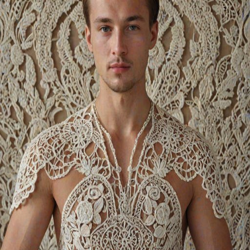 Face, shoulders, chest covered in openwork Ukrainian embroidery. Raw, unedited image.