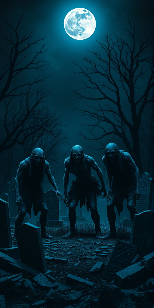 A dark, eerie scene set in a graveyard under a full moon. The main subject is a group of five humanoid figures, each with a distinct appearance and body language, appearing to be in a state of panic or distress. The color palette is dominated by deep blues and blacks, with the moon casting a soft glow on the scene. The figures are clothed in tattered, dark clothing, and their skin texture is rough and uneven. The graveyard is littered with tombstones and debris, and the background features barren trees, adding to the somber atmosphere. The overall style of the image is reminiscent of a horror or thriller genre, with a focus on creating a sense of dread and unease.