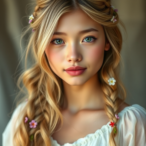 Create an image of a young Thai woman with long, wavy blonde hair, adorned with small, colorful flowers woven into her braids and loose strands. Her complexion is fair, with soft, glowing skin, and she has light blue eyes that gaze softly at the viewer. She wears a light, flowing dress with a gentle, ethereal quality, complementing her delicate and serene appearance. The background is slightly blurred, drawing focus to her tranquil expression and the intricate details of the flowers in her hair. The overall mood of the image is one of natural beauty and grace, evoking a sense of peacefulness and connection with nature.