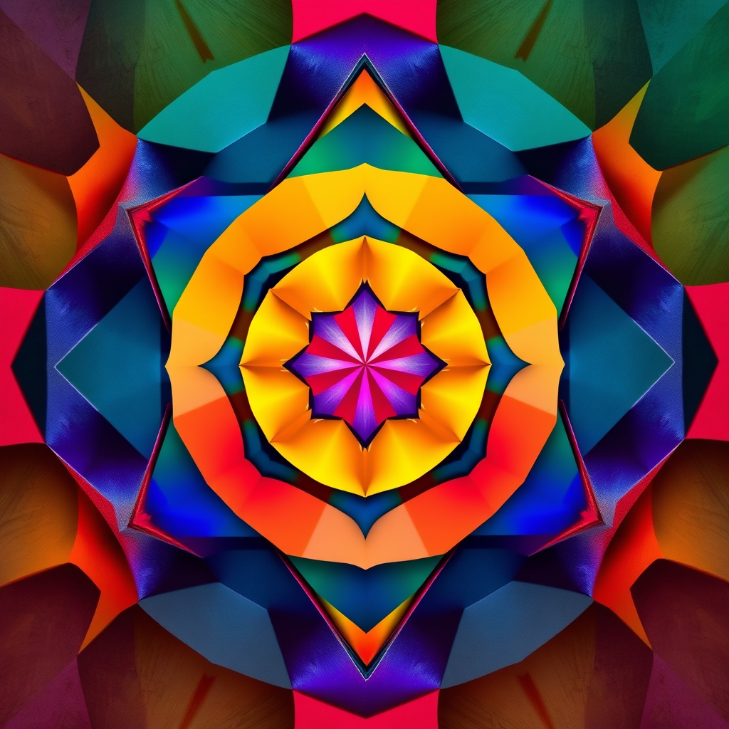 generate an abstract geometric design with vibrant colors, high contrast and smooth gradients, using a 50mm lens, aperture f/2.8, ISO 100, shot in a top-down view with a digital SLR camera for enhanced image quality