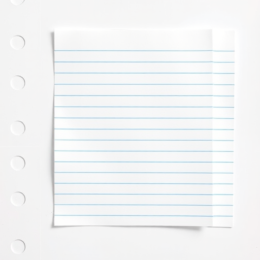 Create an image of three sheets of lined paper, with visible holes on the left side, using a DSLR camera at f/2.8 aperture, ISO 100, 50mm lens, shot from a top-down view, in natural light to enhance image quality.