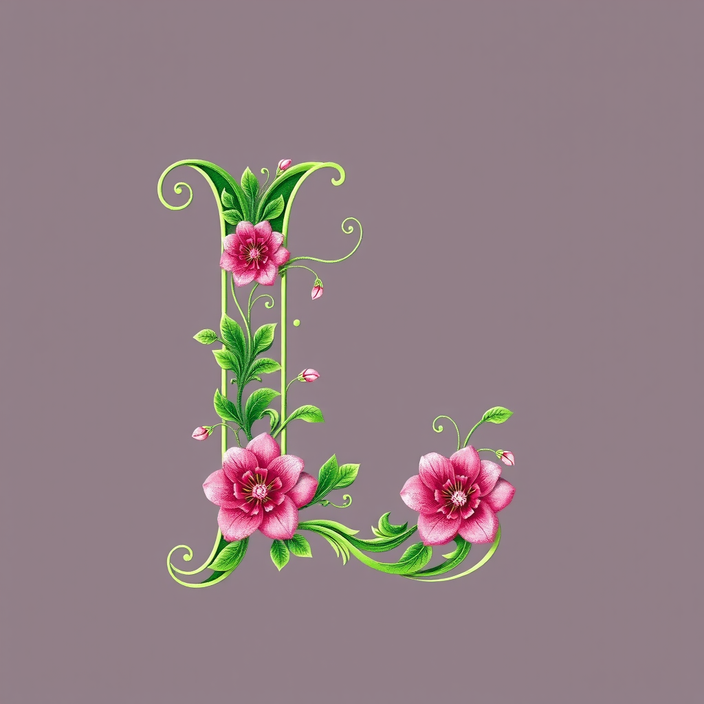 Create an ornate letter "L" with intricate floral designs in green and pink, high resolution, 50mm lens, f/2.8 aperture, natural light, DSLR camera.