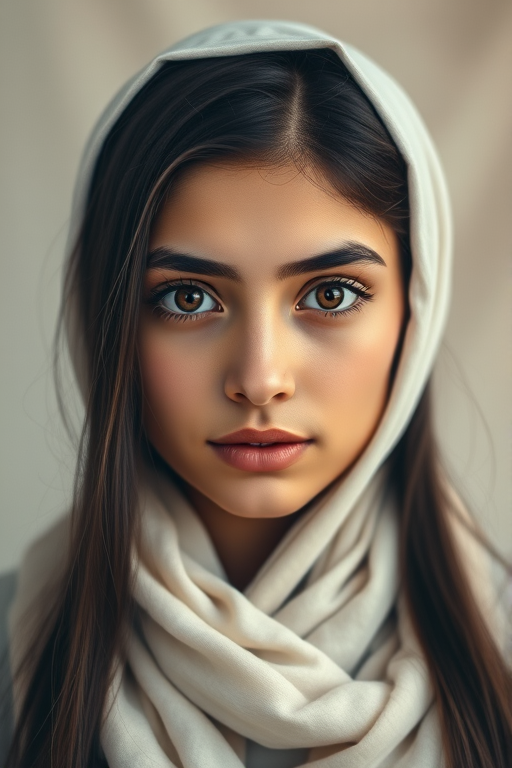 Create a portrait of a young Chaldean female with long, dark hair and captivating hazel eyes. She is wearing a white headscarf and a matching scarf draped gracefully around her neck. The background is softly blurred, focusing attention on her serene and natural expression. The overall color palette is muted and warm, enhancing the intimate and authentic feel of the portrait.