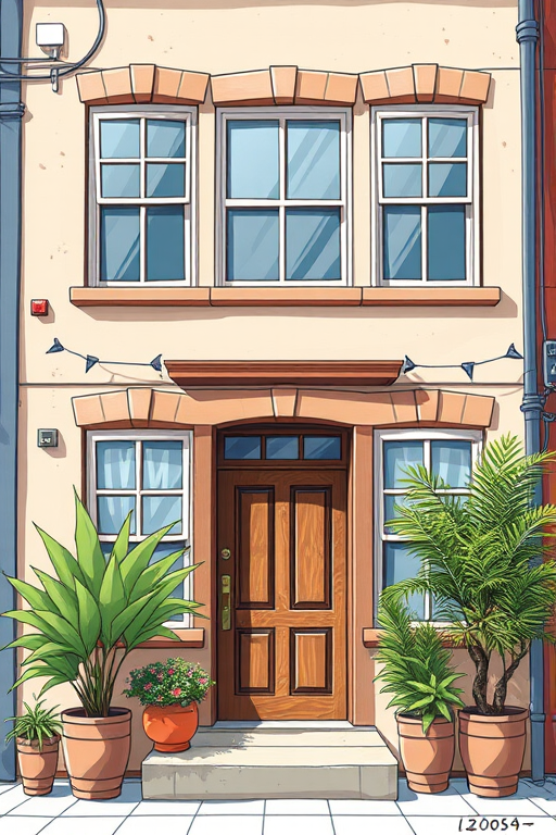 Generate a detailed illustration of a two-story building with large windows, a wooden door, and potted plants on either side of the entrance, captured using a DSLR camera with a 50mm lens at f/1.8, ISO 200, and a shutter speed of 1/200s, in a slightly angled view to emphasize depth and texture, with a bright and vivid color palette.
