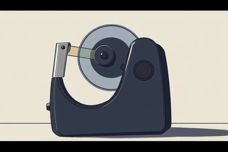 Create a detailed illustration of a vintage tape dispenser in a minimalistic style, using a wide-angle lens with an aperture of f/4 for depth of field, shot from a low angle to capture the sleek design, in high-resolution digital format.
