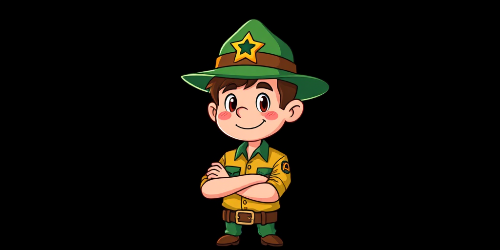 Create a vibrant vector illustration of a cartoon ranger character with a green hat and yellow shirt, standing confidently with arms crossed, set against a plain black background, using a Canon EOS 90D camera with a 50mm f/1.8 lens, aperture set to f/2.8, ISO 100, and slight vignette effect for emphasis.