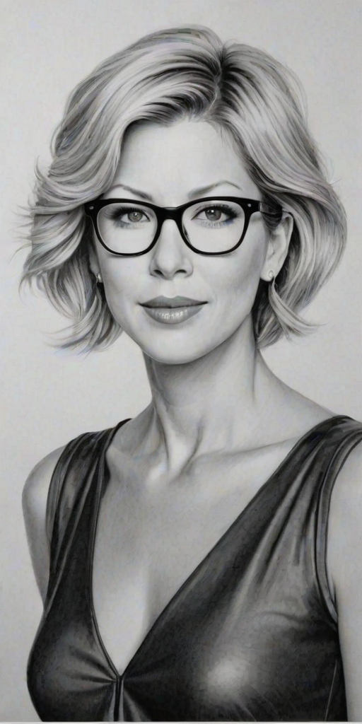 Gorgeous Jenna Elfman, pencil sketch, portrait of Splendid woman 1929s in glasses, hair style beatnik, outline, clear lines, fine lines, 8k