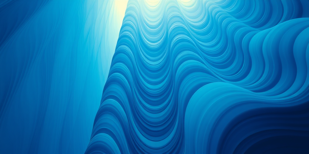 Generate an abstract image of a tall, wavy vertical structure in shades of blue, resembling flowing water or fabric, captured with a Canon EOS R5 using a 50mm f/1.2 lens at ISO 100, f/1.2 aperture, 1/200 sec shutter speed, with a soft focus and high dynamic range to enhance texture and depth.