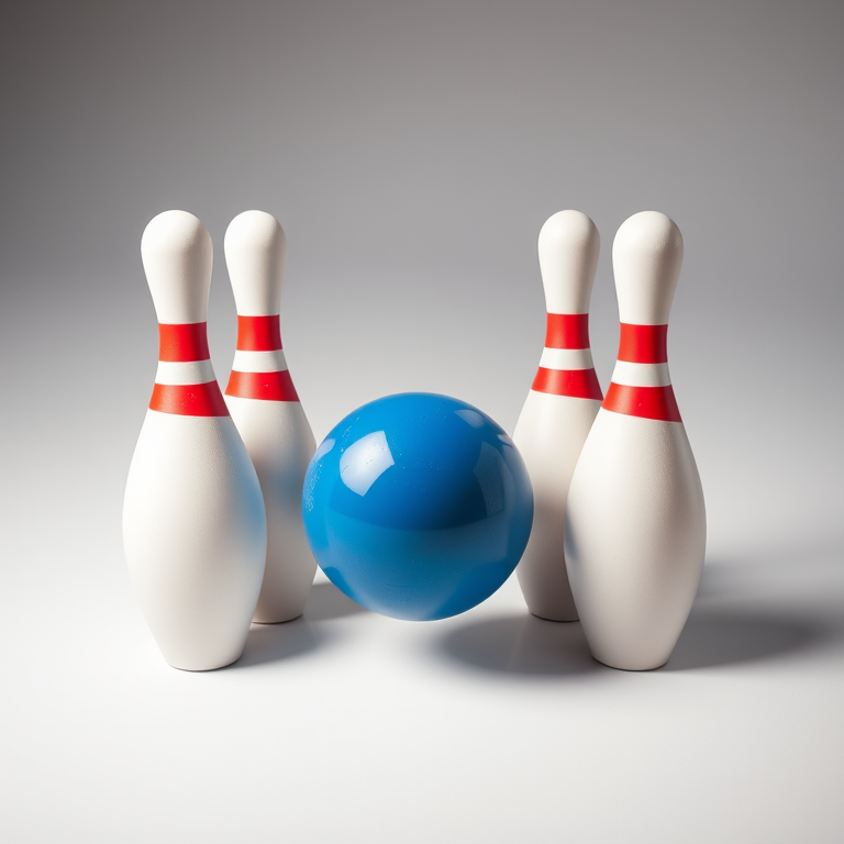 Create a high-resolution vector image of five bowling pins and a blue bowling ball with a clean background, using a Canon EOS 5D Mark IV, 50mm lens, f/1.8 aperture, ISO 100, in soft lighting with a slight overhead view to emphasize the dynamic arrangement.