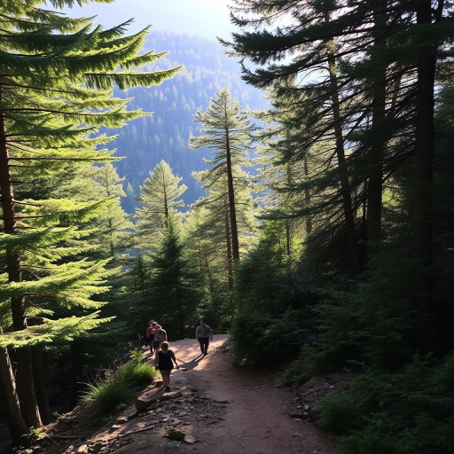 Scenic hiking trail through a dense forest, sunlight streaming through the trees, and a group of friends stopping to enjoy the view from a rocky outcrop.