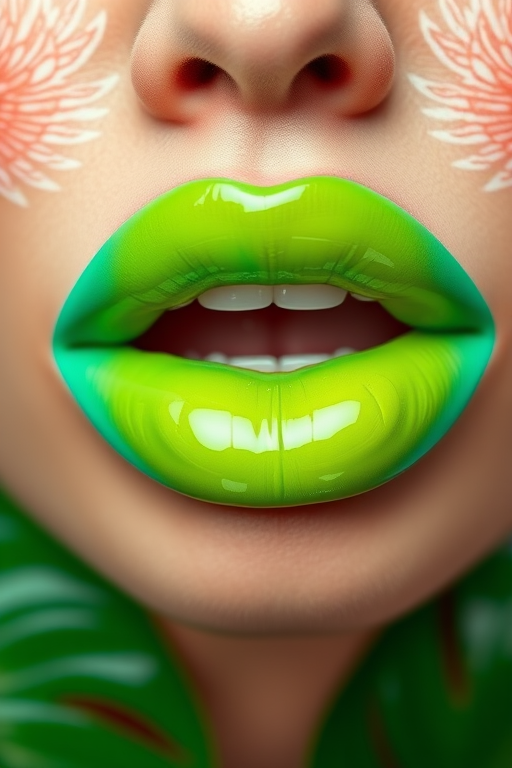 Exotic "Tropical Paradise" lip color combines vibrant turquoise and lime green in a glossy, two-toned effect, evoking lush island landscapes and adding a pop of unexpected color