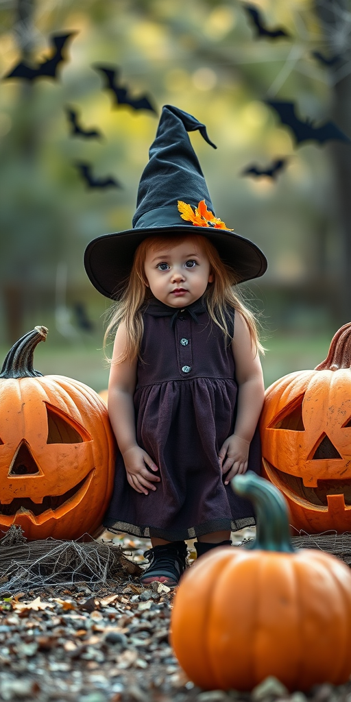 A young girl in a witch's hat standing between two carved pumpkins with spider webs and bats in the background, captured with a Canon EOS R5, 50mm lens, f/1.8, ISO 100, in natural light, portrait orientation.