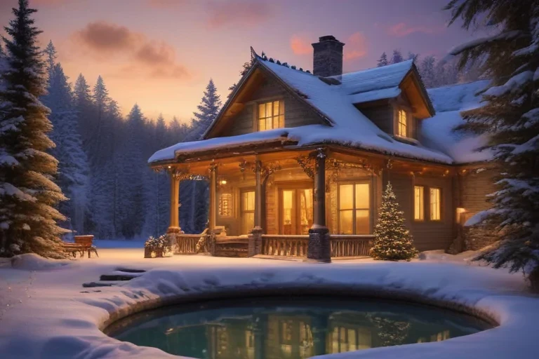 Charming Winter Cottage Surrounded by Snowy Pines and a Serene Pond