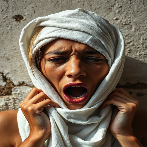 Create a close-up photographic image of a taino woman with light skin tones shown against an old, worn wall. Their head is wrapped in a white cloth covering (i.e.... parts of the head except the nose and mouth, which are open as if they are screaming...), with a slight texture and visible folds in the fabric. Thin strands of blonde hair escape from the wrapping above, falling lightly at the top and sides. Their hands hold the fabric as if they are tugging nervously. The lighting is dramatic and even, casting strong shadows. The image has a minimalist and surreal style with an emphasis on simplicity with soft color tones. The composition is centered.
