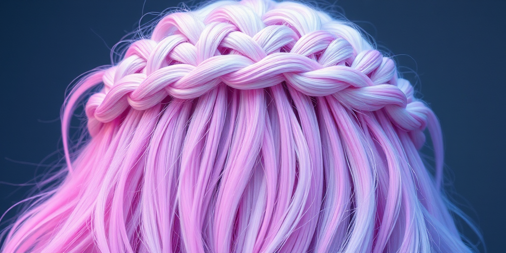 Icy platinum blonde braided crown transforms into a cascading waterfall of pastel pink, blue, and purple hues, resembling a magical aurora borealis in hair form.