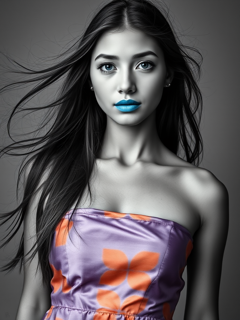 Photographic image of a beautiful young Mapuche woman, cyan eyes, lips with cyan lipstick, long hair fluttering in the wind and wearing a silk strapless dress with a soft purple and orange print. monochrome image with only color highlights in the iris of the eyes, lipstick and dress. Gray background.