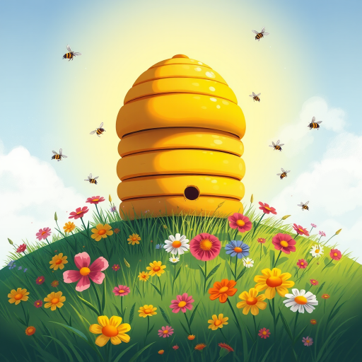 A vibrant illustration of a beehive on a grassy hill with colorful flowers and buzzing bees, captured with a DSLR camera, 50mm lens, f/2.8 aperture, ISO 200, natural lighting, and a shallow depth of field to enhance focus on the beehive and flowers while softly blurring the background.