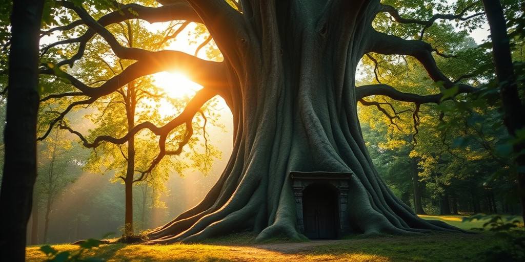 capture a fantasy forest scene with a large ancient tree and a small door at its base, soft sunlight filtering through the leaves, shallow depth of field, ISO 200, f/2.8, 50mm lens, DSLR camera, golden hour lighting, high dynamic range