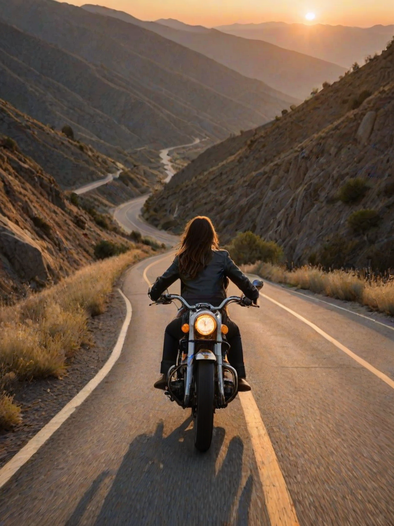 Winding mountain road at dusk, a woman rides a vintage motorcycle along the narrow path, the sun setting behind her as the open road stretches out ahead.