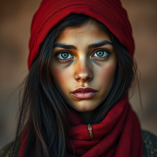 Create a portrait of a young Berber woman with long, dark hair and captivating hazel eyes. She is wearing a red headscarf and a matching scarf draped gracefully around her neck. The background is softly blurred, focusing attention on her serene and natural expression. The overall color palette is muted and warm, enhancing the intimate and authentic feel of the portrait.