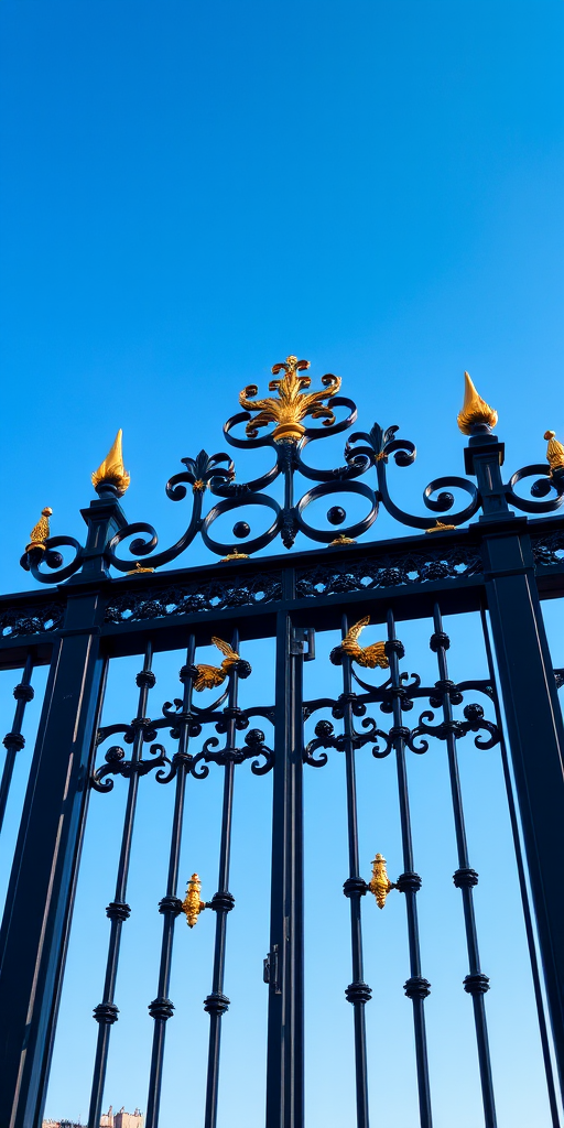 Create an image of an ornate black iron gate with golden spikes, set against a clear blue sky, taken from a low angle with a wide aperture (f/2.8), shutter speed 1/250 sec, ISO 100, using a DSLR camera with a 24mm lens to emphasize depth and detail.