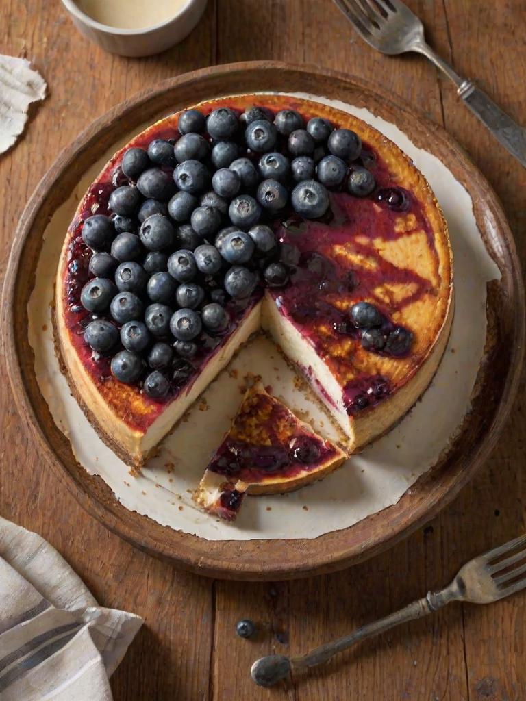 Generate an image of a round cheesecake with a slightly burnt top, showing a slice removed to reveal its creamy interior. The cheesecake is placed on a rustic wooden table with a simple backdrop, and a fork rests beside it. Include hints of blueberries mixed into the cheesecake for added color and texture.