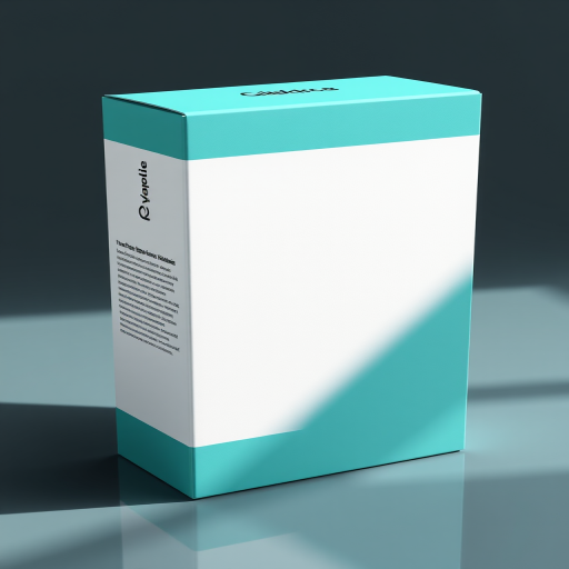 Generate a realistic 3D rendering of a teal and white product box with detailed shadows and reflections, captured using a DSLR camera at f/11, ISO 100, 50mm lens with a slightly tilted view from the left side to enhance depth.