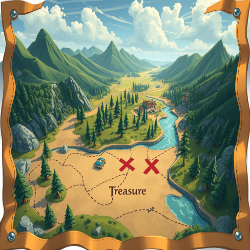 Regenerate a treasure map with a winding river, tree clusters, mountains, and a marked "X" in a cartoonish style, using a Canon EOS R5 with an aperture of f/4, shutter speed of 1/250s, ISO 100, wide-angle lens view for enhanced detail and vibrant colors.