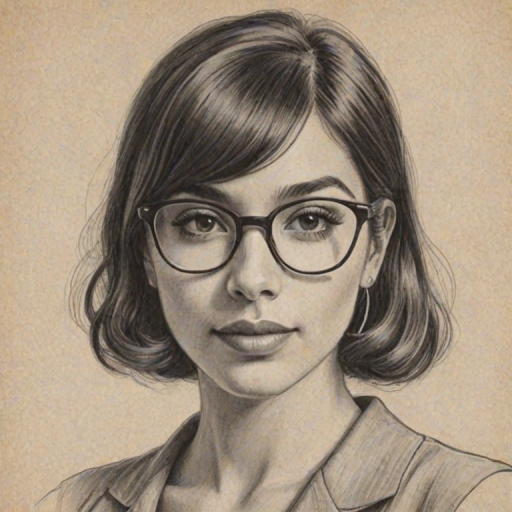 Sublime Hannah Simone, pencil sketch, portrait of Captivating woman 1930s in glasses, hair style beatnik, outline, clear lines, fine lines, 8k