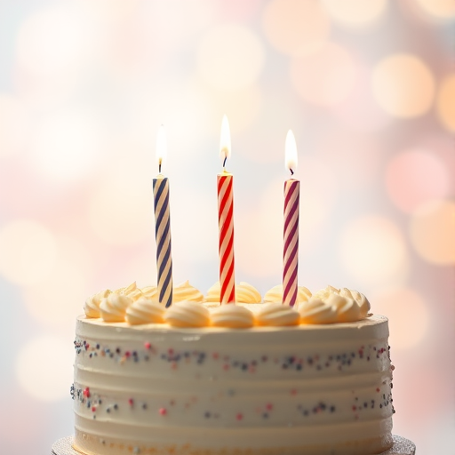 Create an image of a birthday cake with three lit candles and a soft, blurred background of pastel colors and bokeh effects, taken with a DSLR camera, 50mm lens, aperture f/1.8, ISO 100, in portrait orientation.