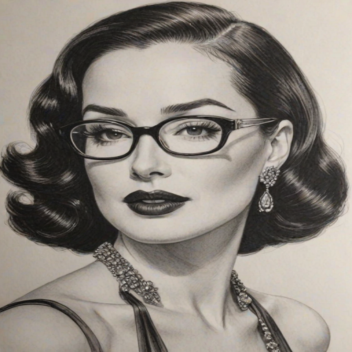 Exquisite Dita Von Teese, pencil sketch, portrait of Enticing woman 1928s in glasses, hair style beatnik, outline, clear lines, fine lines, 8k