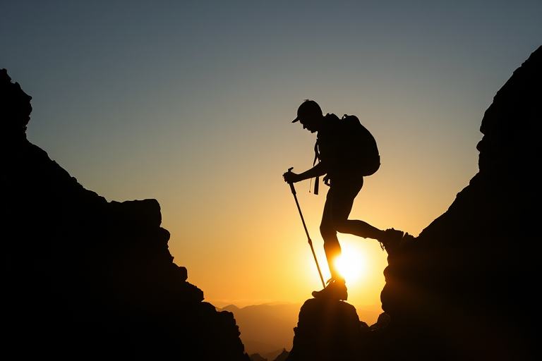Create a high-resolution silhouette of a hiker climbing a rocky terrain, shot in natural light with a shallow depth of field, using a DSLR camera with a 50mm lens at f/1.8, ISO 200, and a 1/500 shutter speed for clarity and contrast.