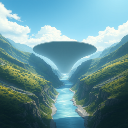 Create a digital illustration of a valley with a large funnel-shaped structure leading into a river, surrounded by green mountains and a blue sky, using a Canon EOS R5 camera, 24mm lens, f/8 aperture, 1/200 sec shutter speed, and soft focus style for an ethereal effect.