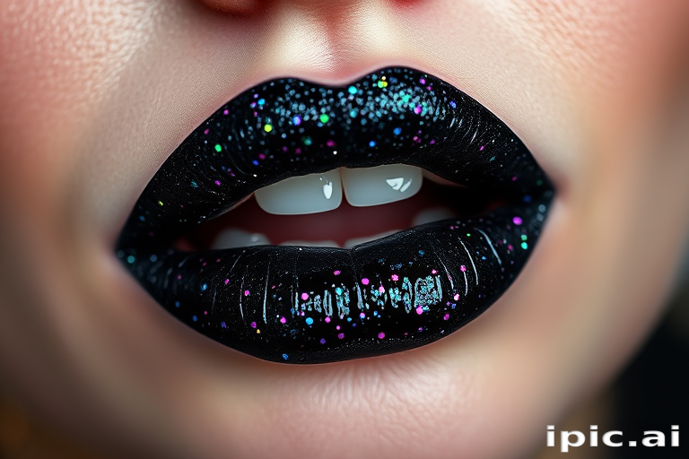 Glittery black lip gloss "Starry Night" packed with multi-colored shimmer particles, perfect for edgy and punk-inspired looks, non-sticky and comfortable formula