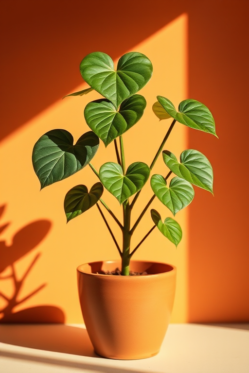 A stylish potted plant with heart-shaped leaves against a warm, sunny background, captured with a DSLR camera at f/2.8, ISO 100, 50mm lens, natural light, focusing on soft shadows and vibrant colors.