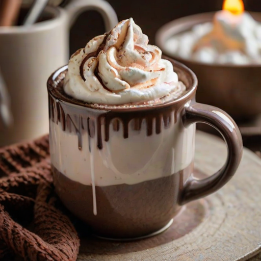 Close-up of a handmade ceramic mug filled with steaming hot cocoa topped with whipped cream and chocolate shavings, soft light illuminating the mug's unique glaze and a cozy knit scarf draped beside it.