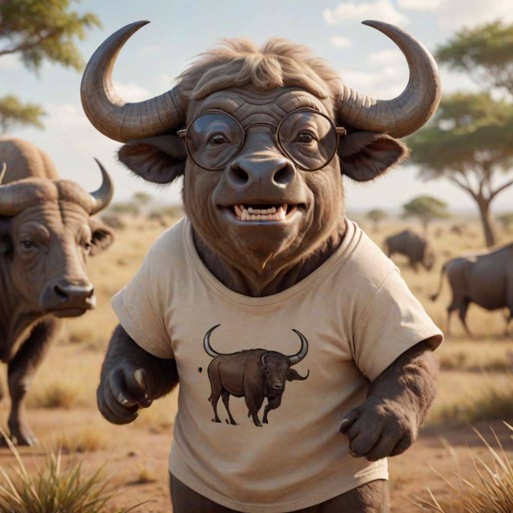 Hyperrealistic 3D render of a smiling cartoon Cape Buffalo wearing glasses and a beige t-shirt with a smaller buffalo image printed on it, missing some teeth, set against a blurred African savanna background, detailed fur, 8k resolution, octane render, artstation trending.