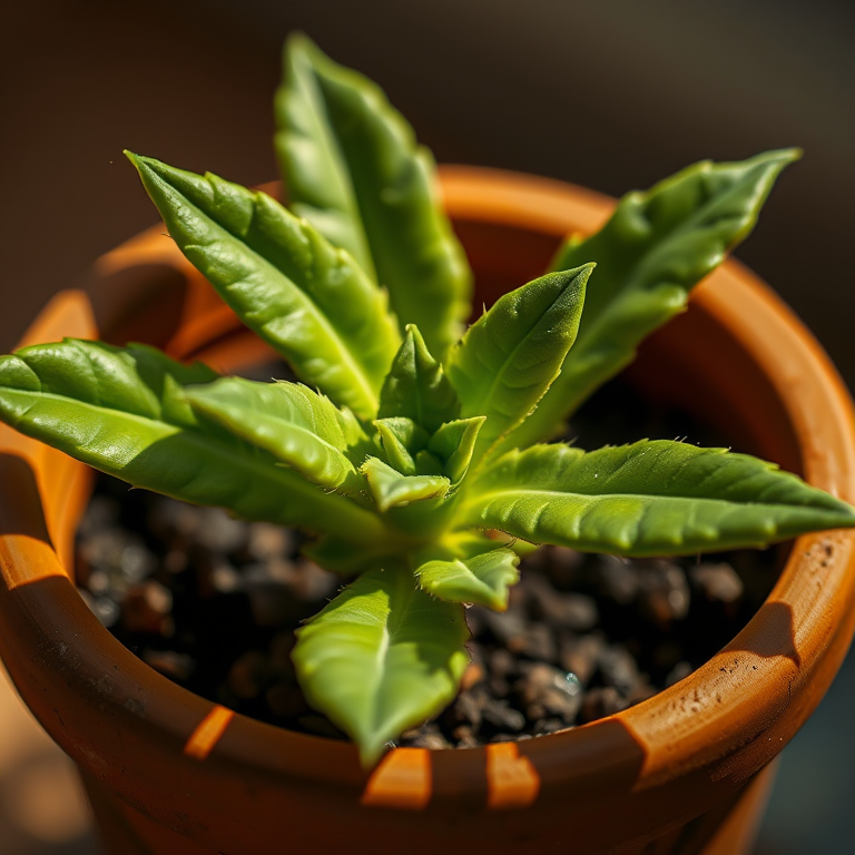 Regenerate a close-up image of a green plant in a terracotta pot with high contrast lighting, use a 50mm lens at f/2.8, ISO 100, shot from a slightly elevated angle, using a full-frame DSLR camera for enhanced quality.