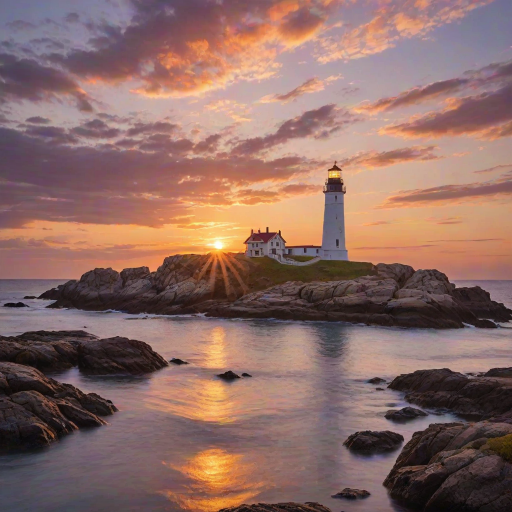 Generate an image of a tall lighthouse perched on a rocky outcrop surrounded by calm ocean waters during a breathtaking sunset. The lighthouse stands sturdy and weathered, its stone surface illuminated by the warm golden light of the setting sun. The sun's rays pass directly through the glass lantern room at the top of the lighthouse, casting a brilliant light across the scene. The sky is painted with vibrant shades of orange, pink, and purple, reflecting off the tranquil sea. The surrounding water shimmers with the same warm hues, creating a serene and majestic atmosphere.