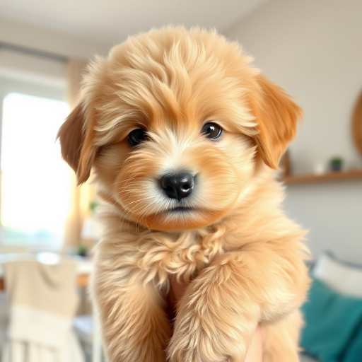 Generate an image of a fluffy light brown puppy being held by a person with a cozy indoor background featuring sunlight and soft textures the puppy has a cute expression with big eyes and a small nose